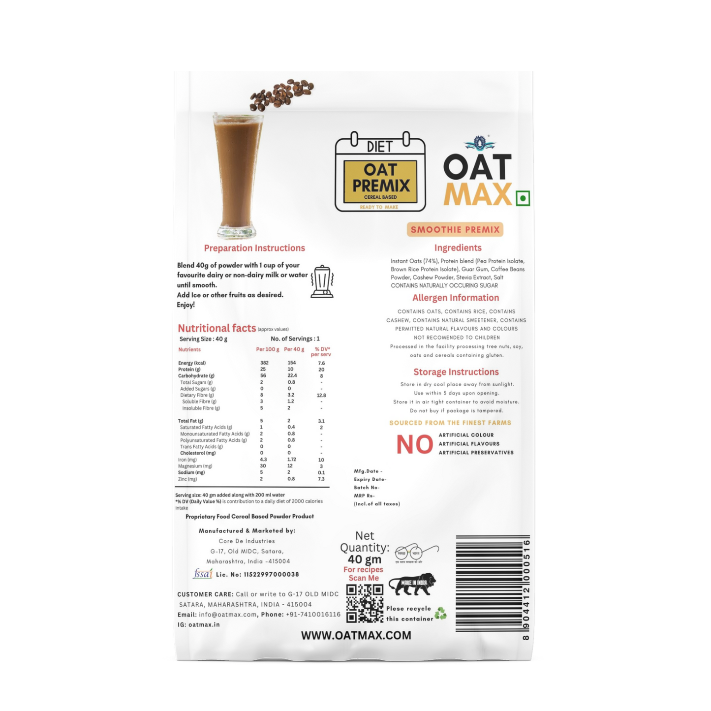 OATMAX COFFEE SMOOTHIE PREMIX – COFFEE DRINK POWDER | NATURAL POWDERS AND OATS | INSTANT MILK OR WATER MIX | NO ADDED PRESERVATIVES OR FLAVOURS