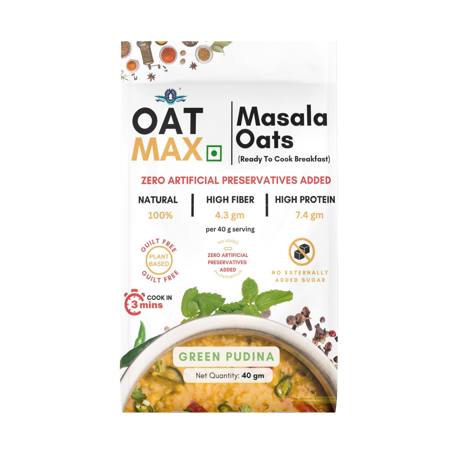 OATMAX Masala Oats Green Pudina Pouch [Pack of 6] | Source of Protein | High Fibre | Helps Manage Weight | Everyday Tasty Snack| Healthy Snack