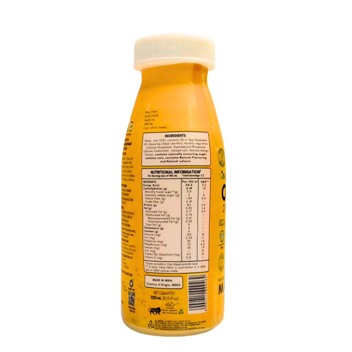 OATMAX Oat Milk Mango - Pack of 6 (220 ml each) - Lactose-free, Stevia Sweetened, Preservatives-free, Plant based Vegan Milk Alternative