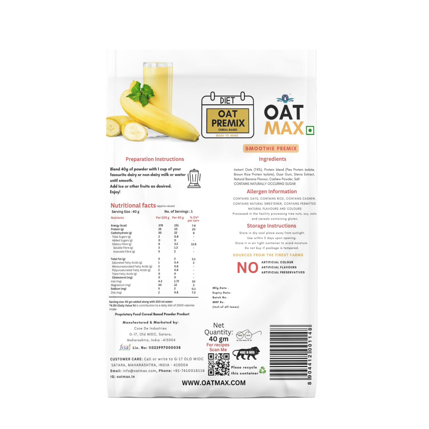 OATMAX BANANA SMOOTHIE PREMIX – BANANA DRINK POWDER | NATURAL POWDERS AND OATS | INSTANT MILK OR WATER MIX | NO ADDED PRESERVATIVES OR FLAVOURS