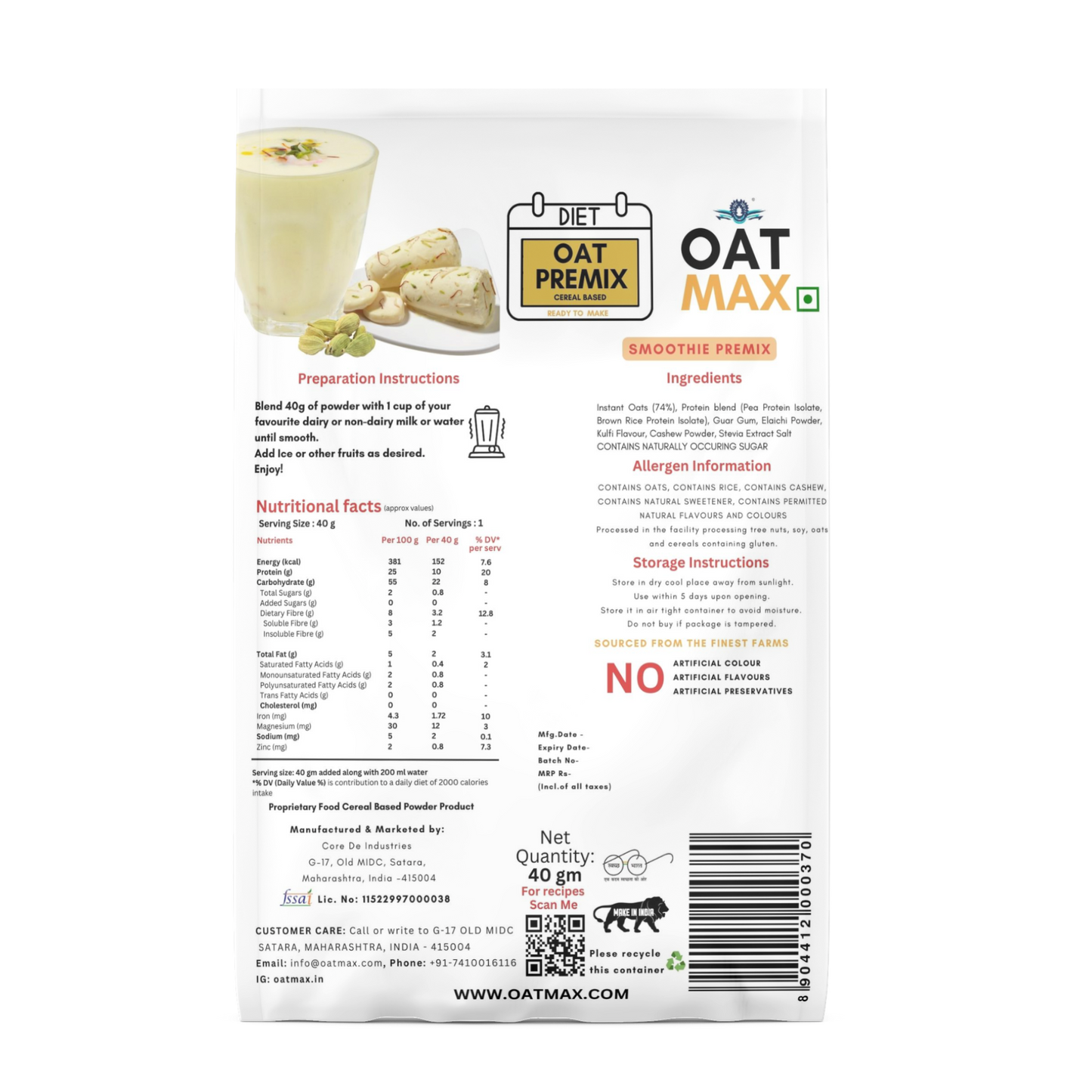 OATMAX ELAICHI SMOOTHIE PREMIX – ELAICHI DRINK POWDER | NATURAL POWDERS AND OATS | INSTANT MILK OR WATER MIX | NO ADDED PRESERVATIVES OR FLAVOURS