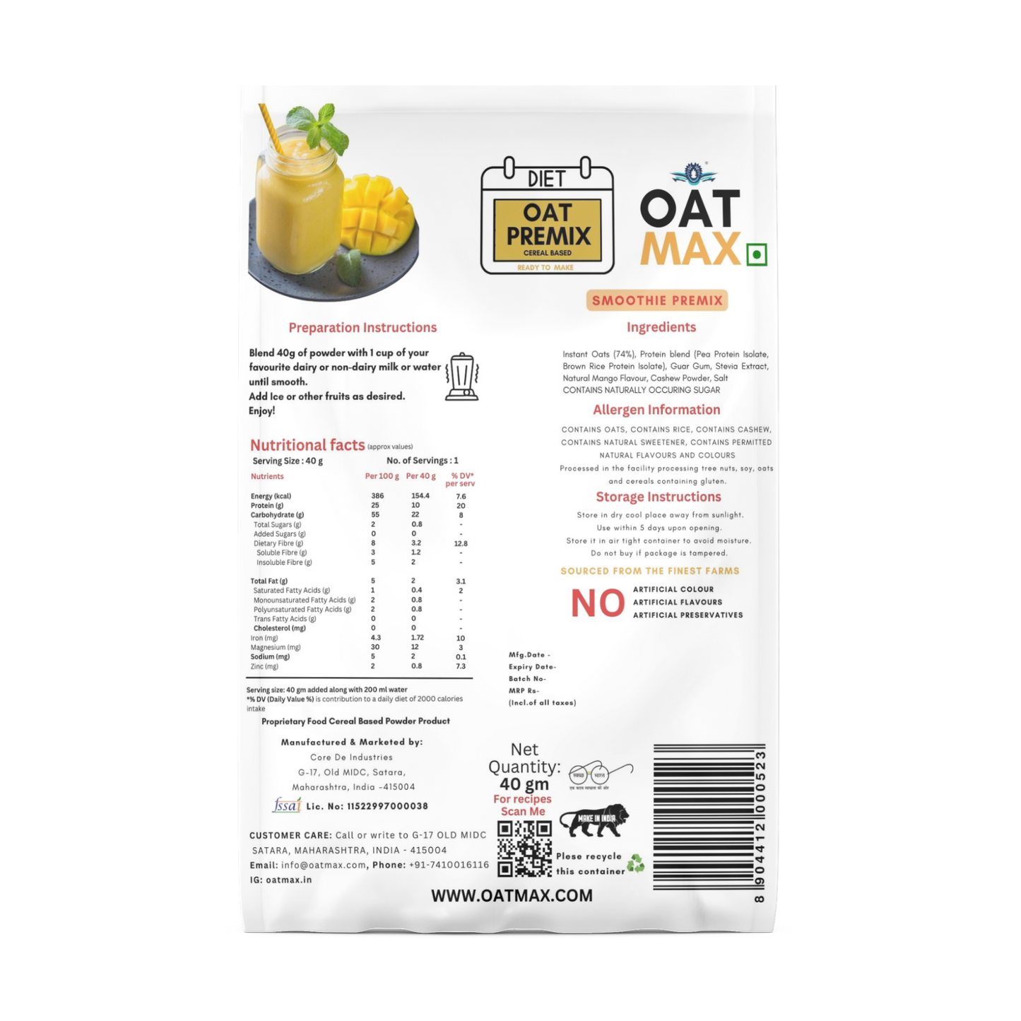 OATMAX MANGO SMOOTHIE PREMIX – MANGO DRINK POWDER | NATURAL POWDERS AND OATS | INSTANT MILK OR WATER MIX | NO ADDED PRESERVATIVES OR FLAVOURS