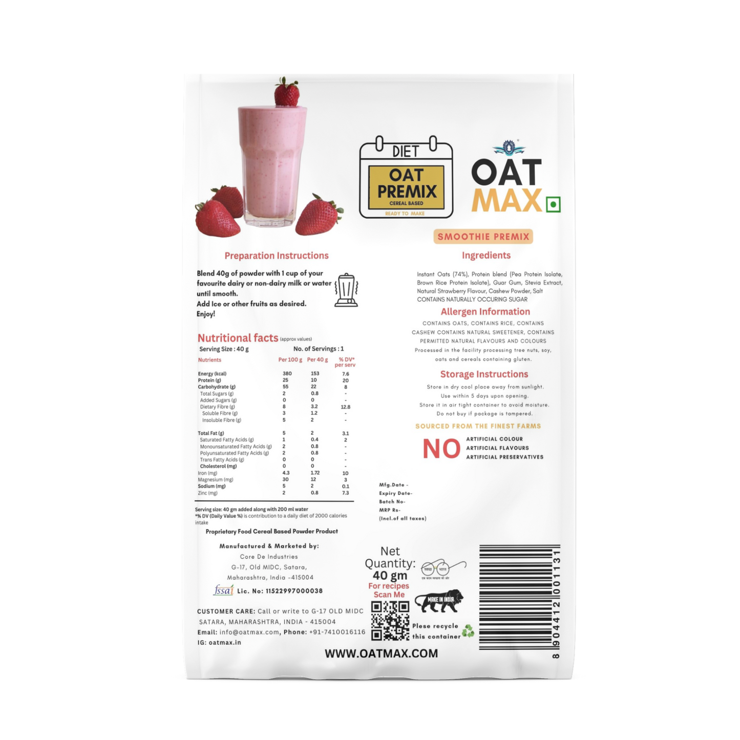 OATMAX STRAWBERRY SMOOTHIE PREMIX – STRAWBERRY DRINK POWDER | NATURAL POWDERS AND OATS | INSTANT MILK OR WATER MIX | NO ADDED PRESERVATIVES OR FLAVOURS
