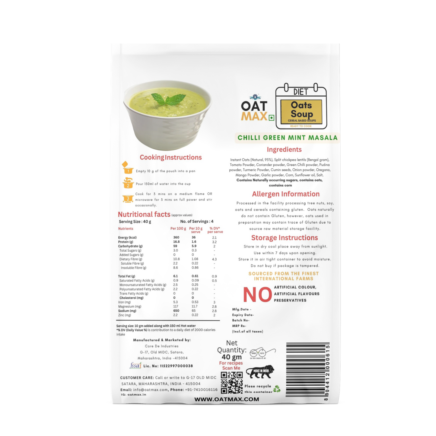 OATMAX GREEN CHILLI MINT SOUP 40 GM, PLANT BASED, 100% NATURAL INGREDIENTS, PRESERVATIVES FREE, HELPS WEIGHT LOSS/DIET
